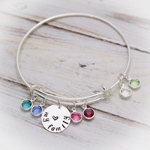 Sterling Silver Grandma or Mom Bangle Bracelet with Birthstones