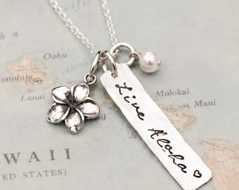 Live Aloha Sterling Silver Necklace: Hand Stamped Tag, Plumeria & Pearl