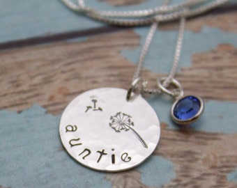Collar de tía con sello manual: joyería de diente de león en plata esterlina, piedras de nacimiento para sobrina y sobrino