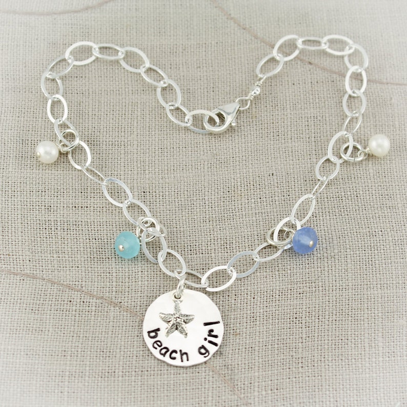 Beach Girl Anklet Hand Stamped Personalized Sterling Silver Starfish With Sea Glass & Pearl Charms image 1