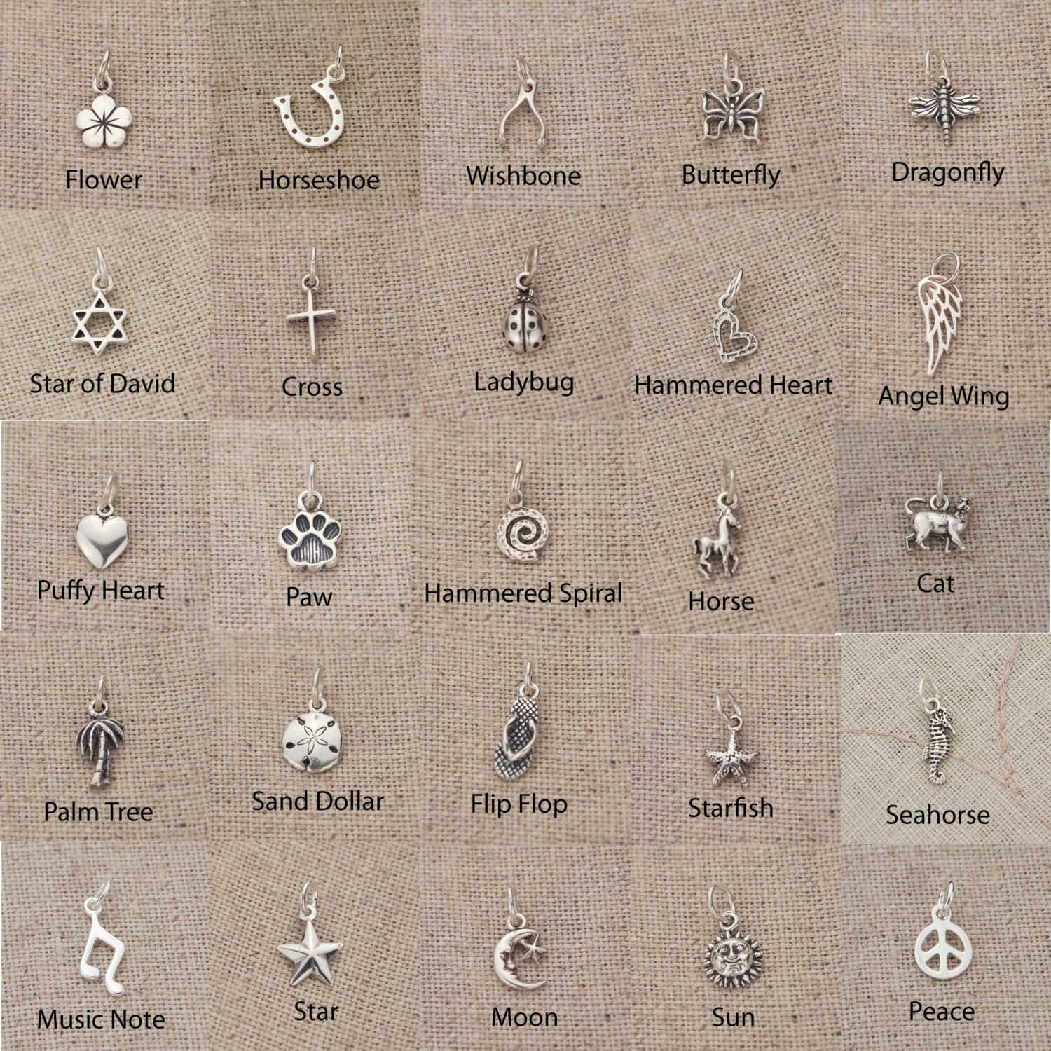 ONE Sterling Silver Charm - Heart,  Butterfly, Moon, Sun, Star, Ladyb…