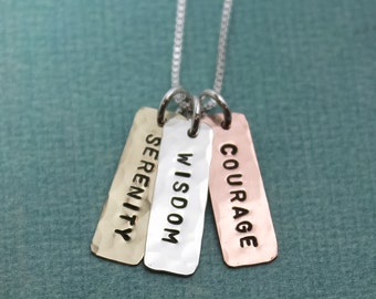 Serenity Prayer Necklace  Mixed Metals Tiny Copper Brass Silver Tags Hand Stamped Jewelry