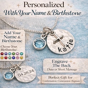 May include: A silver necklace with a round pendant, a cross, and a blue gemstone. The pendant is engraved with the name "katie" and the date "04.28.24". The image also includes text that says "Personalized With Your Name & Birthstone".