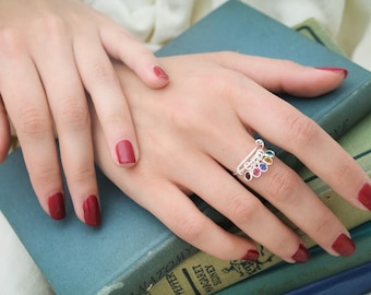 Sterling Silver Birthstone Charm Ring - Personalized Mother's Ring