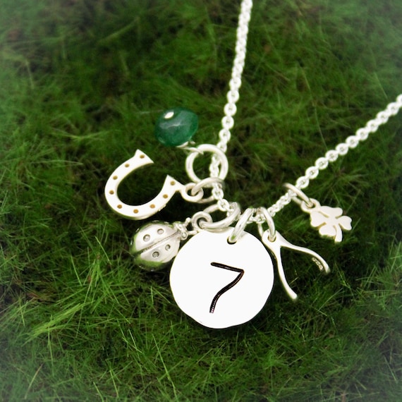 Lucky Charm Necklace Lucky 7 Horseshoe 4 Leaf Clover Wishbone