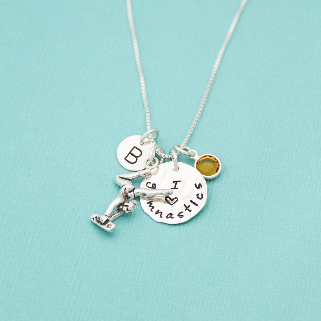 Sterling Silver Gymnastics Necklace With Crystal Birthstone and Initial ...