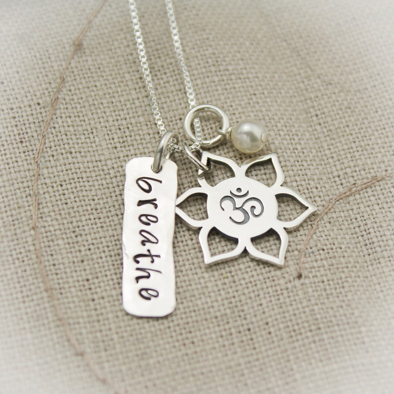 Breathe Necklace, Yoga Jewelry, Lotus Flower Necklace, Ohm Necklace, Yoga Necklace, Sterling Silver Hand Stamped Jewelry image 5