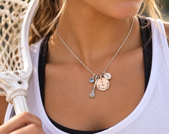 Personalized Lacrosse Necklace: Hand Stamped Charm, Birthstone Crystal