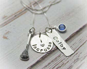 Personalized Lacrosse Necklace: Hand Stamped Sterling Silver LAX Jewelry