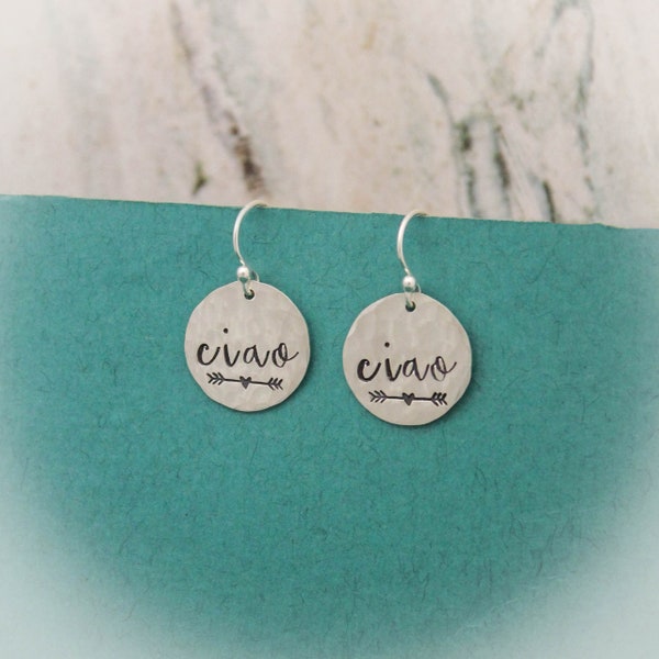 Ciao Italian Earrings in Sterling Silver, Unique Hand Stamped Jewelry, Hand Stamped Earrings, Gifts for Her, Fun Hello Hi Italian Jewelry