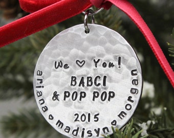 Personalized Grandparents Christmas Ornament: Hand Stamped Aluminum