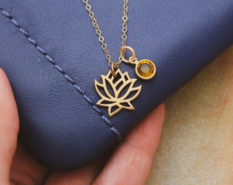 Bronze & 14k Gold Filled LOTUS and Birthstone Necklace, Lotus Flower Necklace, Gold Lotus Necklace, Yoga Boho Jewelry, Lotus Flower Jewelry