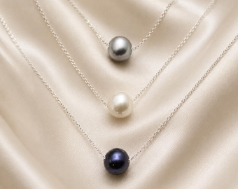 Sterling Silver Floating Pearl Necklace: Minimalist Bridal Jewelry