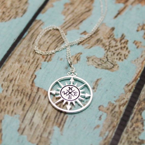 Collier à pendentif rose des vents, argent sterling, cadeau de