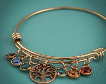 Personalized Family Tree Bangle: Mother's Birthstone Bracelet