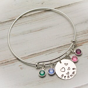 Mother or Grandmother Charm Bangle Bracelet with Birthstones in Silver