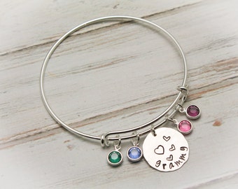 Mother or Grandmother Charm Bangle Bracelet with Birthstones in Silver