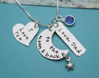 I Love You to the Moon and Back Personalized Necklace in Sterling Silver with Name and Birthstone Hand Stamped Jewelry