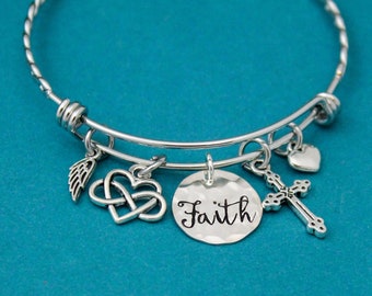 Faith Cross Bangle, Confirmation or Communion Bracelet, Faith Heart Love Cross Gift, Adjustable Cross Bangle Hand Stamped Sterling Silver