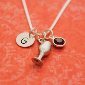 Sterling Silber Weinglas Halskette: Initial Charm, Geburtsstein