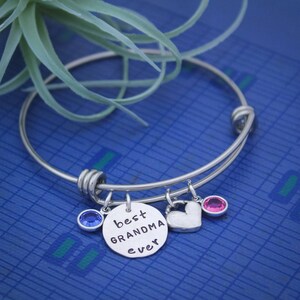 Personalized Grandma Bangle Bracelet: Hand Stamped Sterling Silver, Birthstone Charms