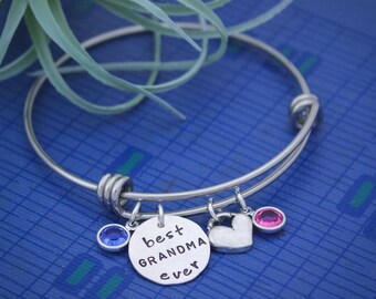 Personalized Best Grandma Ever Bracelet, Best Mom Ever Bangle, Grandmother Bracelet, Mother Bracelet, Mother's Day Gift,Hand Stamped Jewelry