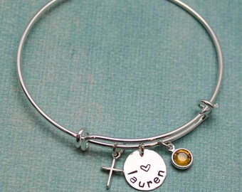 Personalized Confirmation Bangle, Communion Bracelet, Confirmation Gift, with Date Cross Adjustable Bangle Hand Stamped Sterling Silver