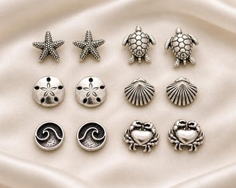 Sterling Silver Beach Studs: Sea Turtle, Crab, Shell Earrings
