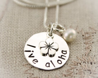 Live Aloha Necklace, Aloha Hawaiian Plumeria Jewelry, Aloha Gift, Hawaiian Gift, Personalized Hand Stamped Sterling Silver Necklace