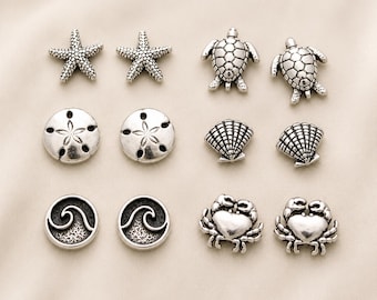 Sterling Silver Beach Studs: Sea Turtle, Crab, Shell Earrings
