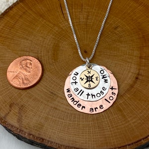 Sterling Silver Copper and Bronze Disc Necklace Not All Those Who Wander Are Lost Compass Hand Stamped Jewelry image 8