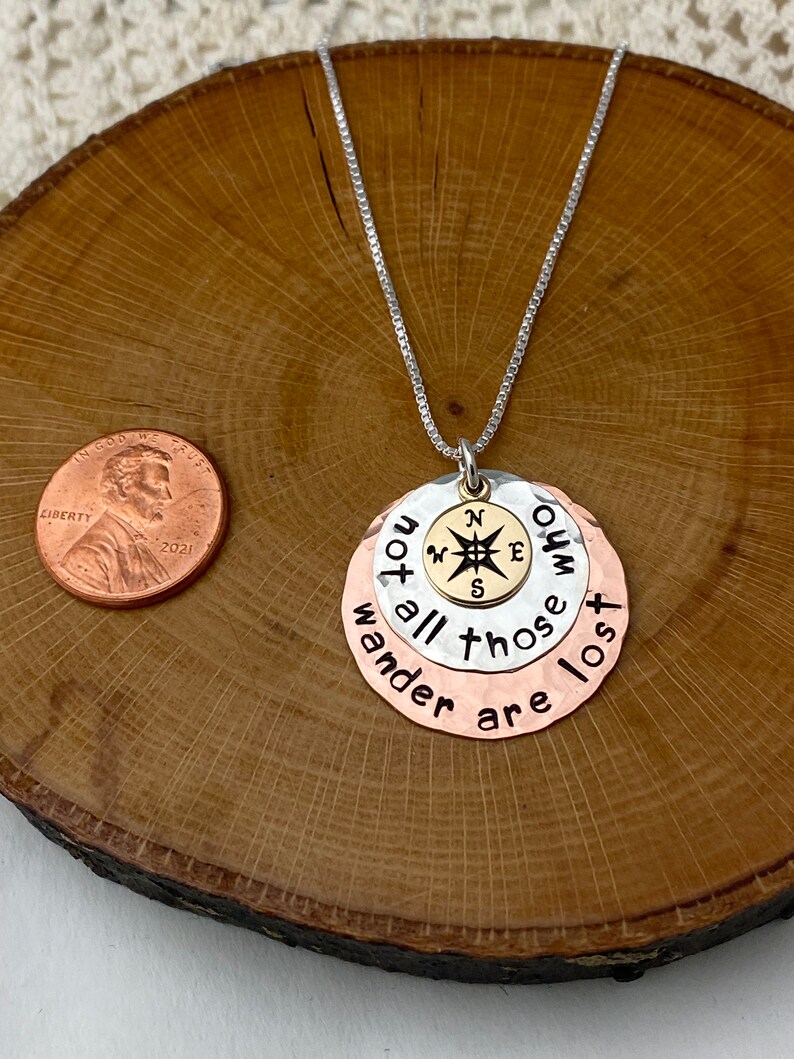 Sterling Silver Copper and Bronze Disc Necklace Not All Those Who Wander Are Lost Compass Hand Stamped Jewelry image 8