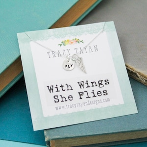 With Wings She Flies Necklace Personalized Sterling Silver, Hand Stamped Jewelry Gift, Fly Jewelry, Fly Wings Box Gift, Hand-Stamped Fly
