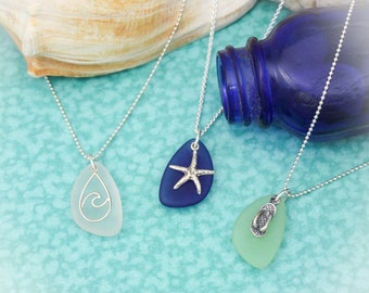 Sterling Silver Sea Glass Beach Charm Necklace – Ocean Wave Vacation Jewelry – Unique Beach Glass Pendant
