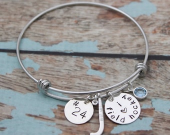 Personalized Field Hockey Bangle: Hand Stamped Initial, Birthstone Charm