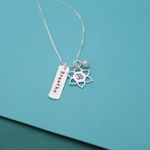 Breathe Necklace, Yoga Jewelry, Lotus Flower Necklace, Ohm Necklace, Yoga Necklace, Sterling Silver Hand Stamped Jewelry image 3