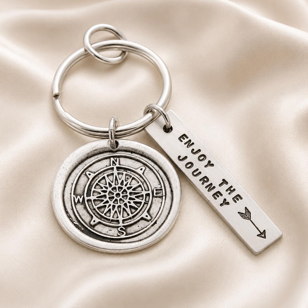 Enjoy the Journey Compass Keychain, Personalized Hand Stamped