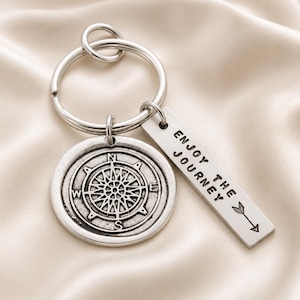 Enjoy the Journey Compass Keychain, Personalized Hand Stamped Compass Key Chain, Gift for Him, Gift for Her, Graduate Gift image 1