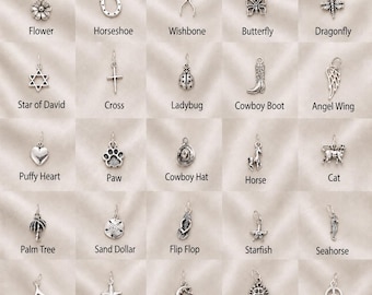 ONE Tiny Sterling Silver Charm - Heart,  Butterfly, Moon, Sun, Star, Ladybugs, Cowboy Boot, Cowboy Hat, Dragonfly, Starfish etc. Your Choice