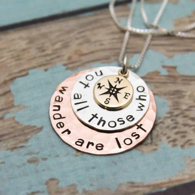 Sterling Silver Copper and Bronze Disc Necklace Not All Those Who Wander Are Lost Compass Hand Stamped Jewelry image 3