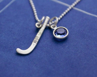 Personalized Field Hockey Necklace: Sterling Silver Stick & Birthstone Charm