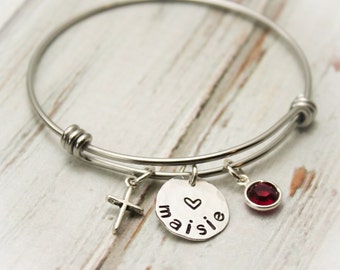 CROSS Bangle, For Confirmation or Communion Gift, Cross Bracelet, Personalized Cross Bracelet, Hand Stamped Jewelry
