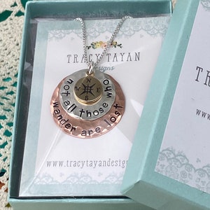 Sterling Silver Copper and Bronze Disc Necklace Not All Those Who Wander Are Lost Compass Hand Stamped Jewelry image 9