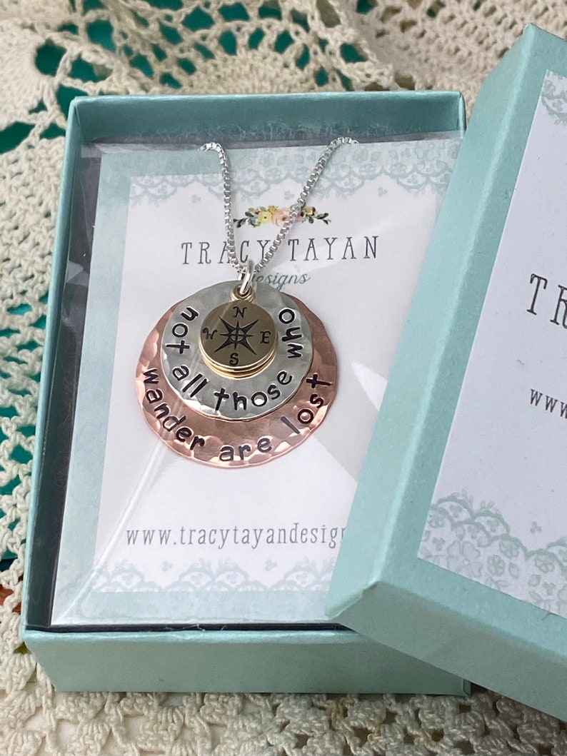 Sterling Silver Copper and Bronze Disc Necklace Not All Those Who Wander Are Lost Compass Hand Stamped Jewelry image 9