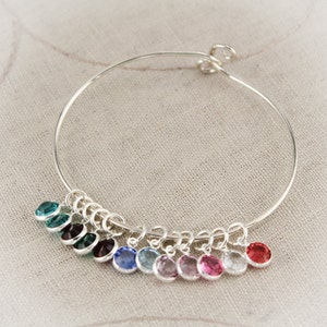 Mother or Grandmother Charm Bangle Bracelet in Sterling Silver with Birthstones