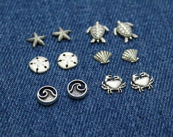 Cute Beach Studs in Sterling Silver, Waves, Crabs, Shells, Turtles, Starfish, & Sand dollar, Silver Stud Earrings, Cute Gift for Her
