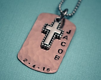 Boys Cross Necklace,First Communion Gift, Copper Dog Tag Cross Necklace for Boys,  Personalized