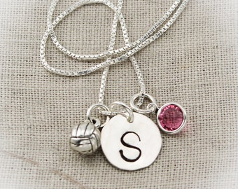 Volleyball Charm Necklace Sterling Silver with Birthstone and Initial Personalized Hand Stamped Necklace