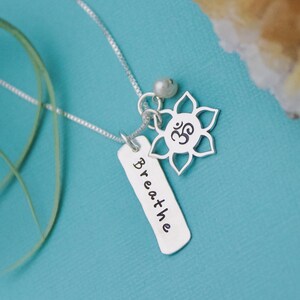 Breathe Necklace, Yoga Jewelry, Lotus Flower Necklace, Ohm Necklace, Yoga Necklace, Sterling Silver Hand Stamped Jewelry image 1