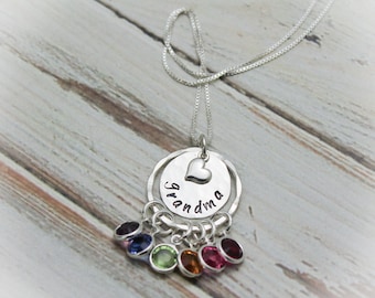 Grandma Necklace, Grandmother Necklace, Birthstone Necklace, Grandchildren Necklace, Hand Stamped Personalized, Mother's Day Gift, Silver